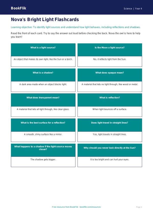 Free Light Flashcards | Year 4 Supported | BookFlik worksheet preview — Science Light