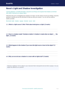 Free Light Science Worksheet | Year 4 Supported | BookFlik