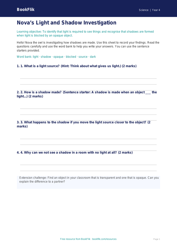 Free Light Science Worksheet | Year 4 Supported | BookFlik worksheet preview — Science Light