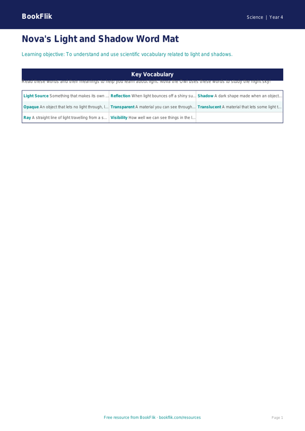 Free Light Word Mat | Year 4 Supported | BookFlik worksheet preview — Science Light