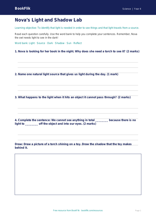 Free Light Worksheet | Year 4 Supported | BookFlik worksheet preview — Science Light