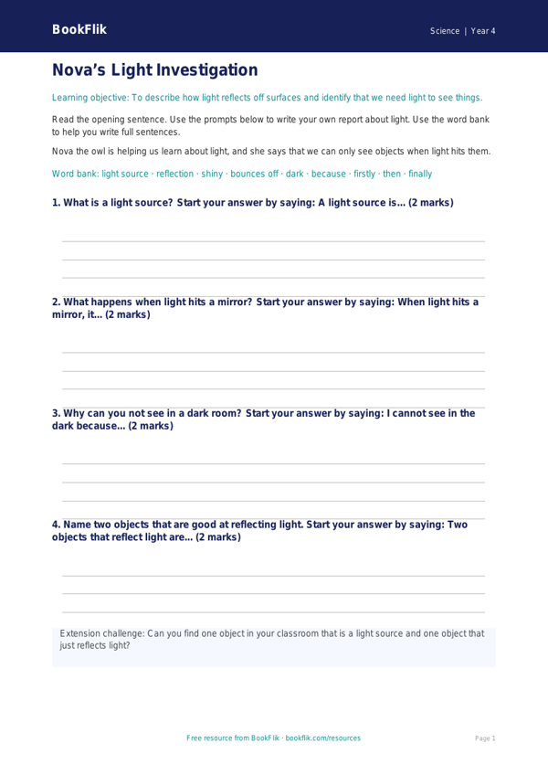 Free Light Writing Frame | Year 4 Supported | BookFlik worksheet preview — Science Light