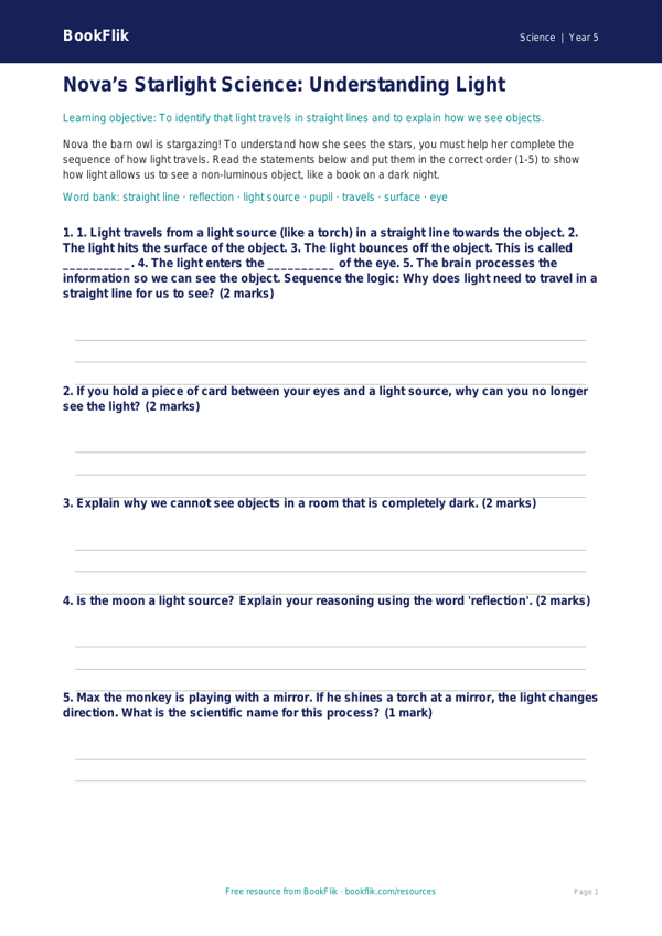 Free Light Activity Sheet | Year 5 Core | BookFlik worksheet preview — Science Light