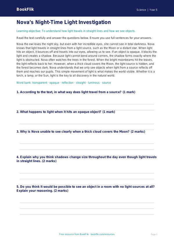 Free Light Comprehension | Year 5 Core | BookFlik worksheet preview — Science Light