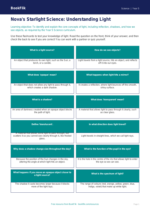 Free Light Flashcards | Year 5 Science Worksheet | BookFlik worksheet preview — Science Light