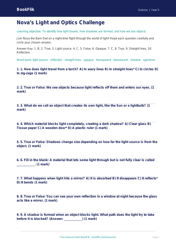 Free Light Quiz | Year 5 Core | BookFlik worksheet preview — Science Light