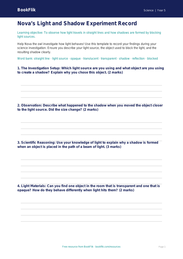 Free Light Template | Year 5 Core | BookFlik worksheet preview — Science Light