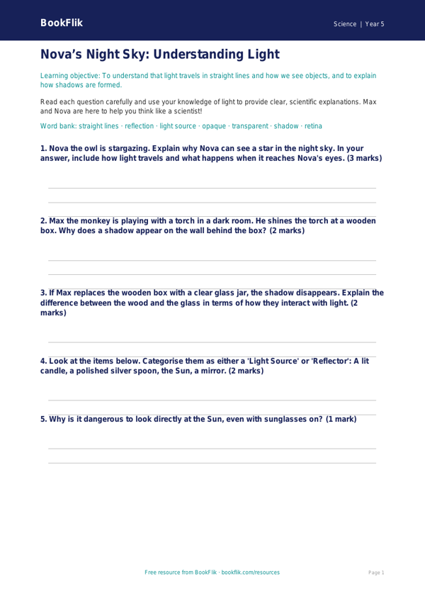 Free Light Worksheet | Year 5 Science | BookFlik worksheet preview — Science Light