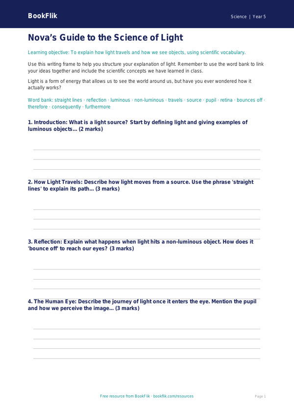Free Light Writing Frame | Year 5 Core | BookFlik worksheet preview — Science Light