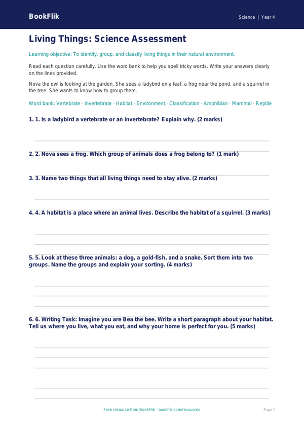 Free Living Things Assessment | Year 4 Supported | BookFlik worksheet preview — Science Living Things