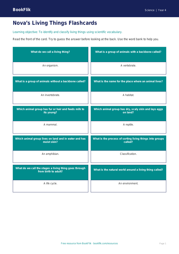 Free Living Things Flashcards | Year 4 Supported | BookFlik worksheet preview — Science Living Things