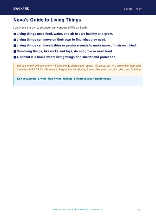 Free Living Things Poster | Year 4 Supported | BookFlik worksheet preview — Science Living Things