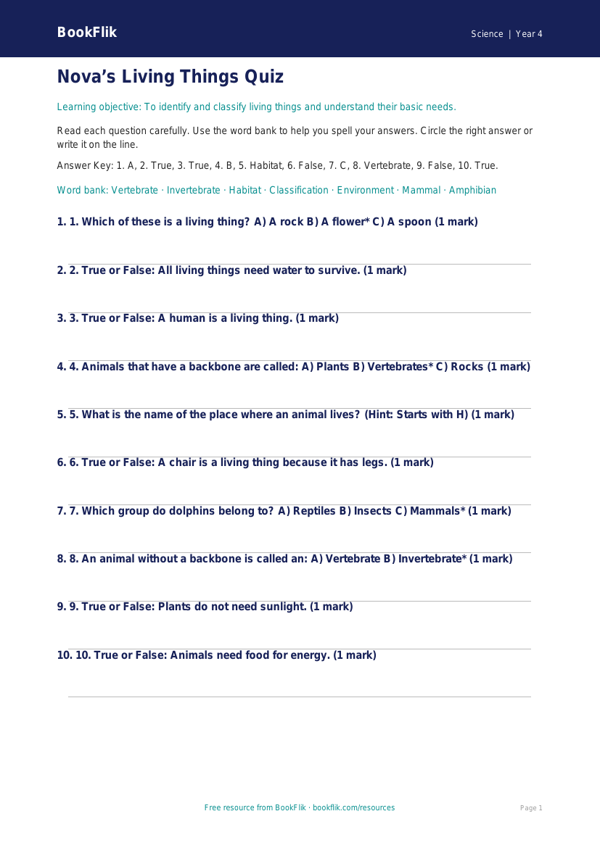 Free Living Things Quiz | Year 4 Supported | BookFlik worksheet preview — Science Living Things