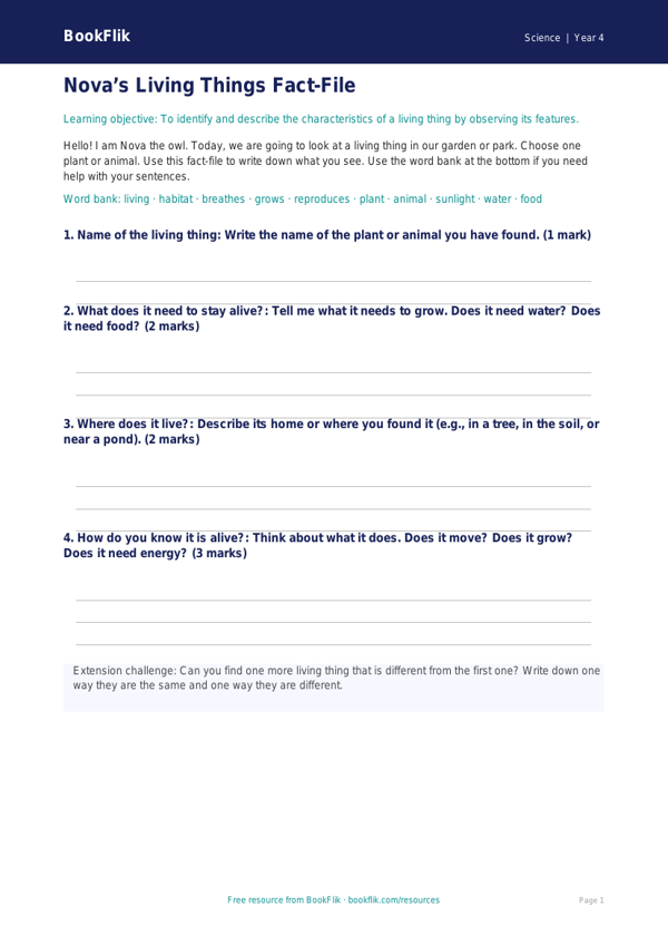 Free Living Things Template | Year 4 Supported | BookFlik worksheet preview — Science Living Things