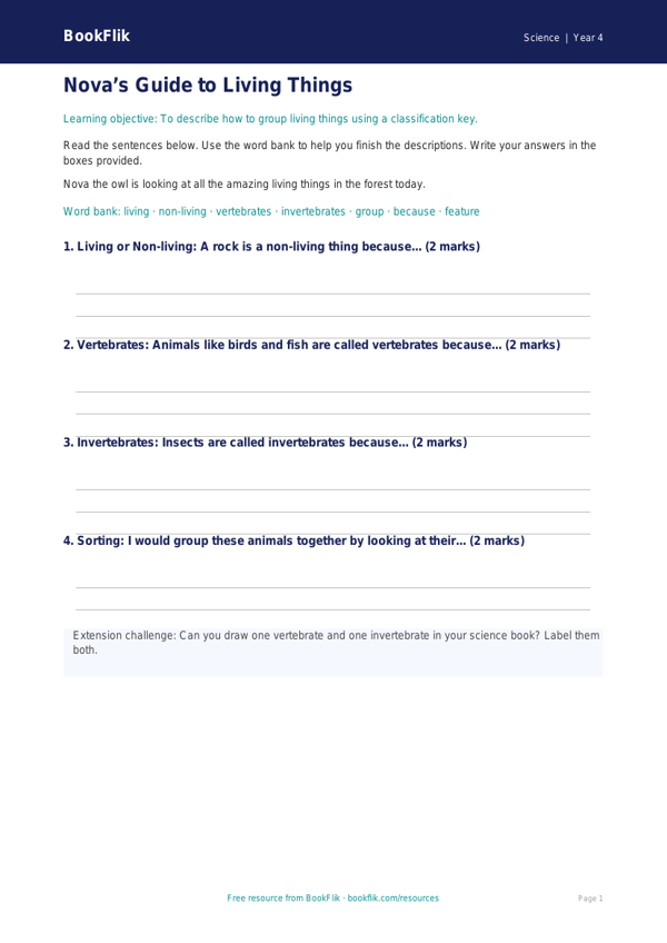 Free Living Things Writing Frame | Year 4 Supported | BookFlik worksheet preview — Science Living Things