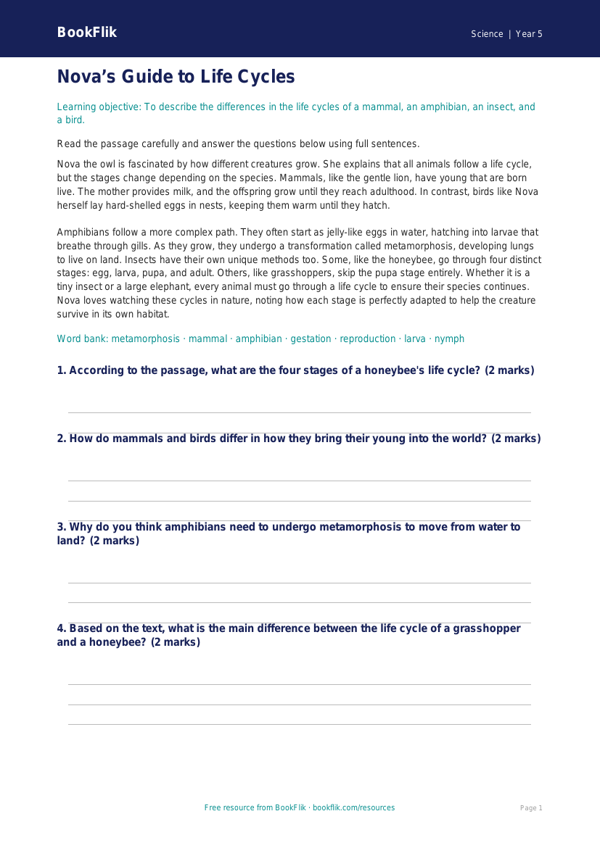Free Living Things Comprehension | Year 5 Core | BookFlik worksheet preview — Science Living Things