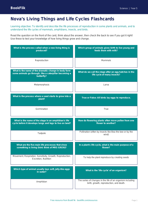 Free Living Things Flashcards | Year 5 Core | BookFlik worksheet preview — Science Living Things