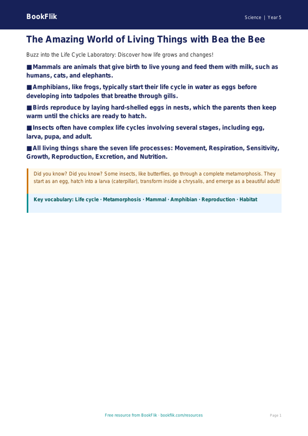 Free Living Things Poster | Year 5 Core | BookFlik worksheet preview — Science Living Things