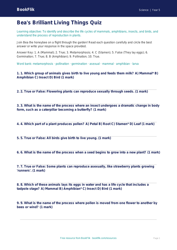 Free Living Things Quiz | Year 5 Science Worksheet | BookFlik worksheet preview — Science Living Things