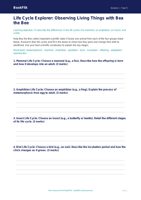 Free Living Things Template | Year 5 Core | BookFlik worksheet preview — Science Living Things
