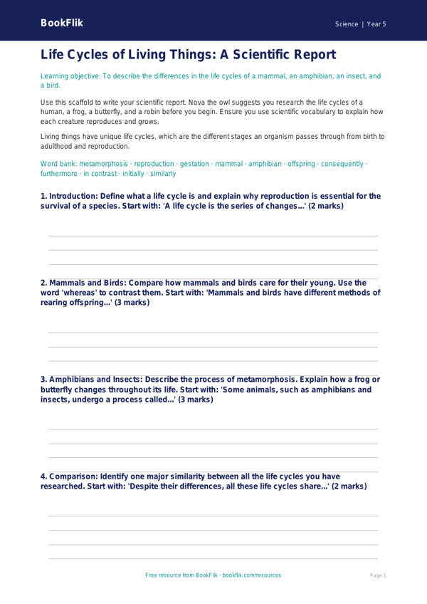 Free Living Things Writing Frame | Year 5 Core | BookFlik worksheet preview — Science Living Things