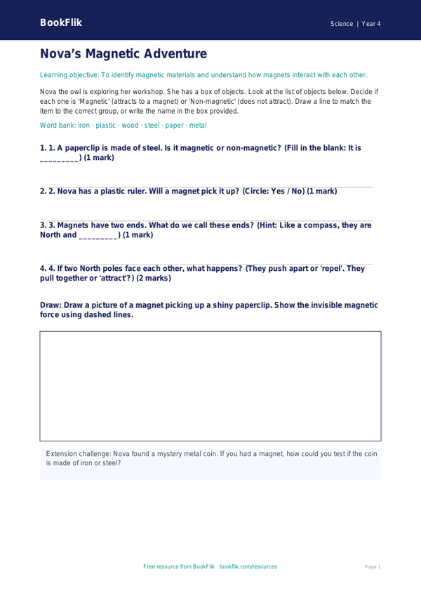 Free Magnets Activity Sheet | Year 4 Supported | BookFlik worksheet preview — Science Magnets