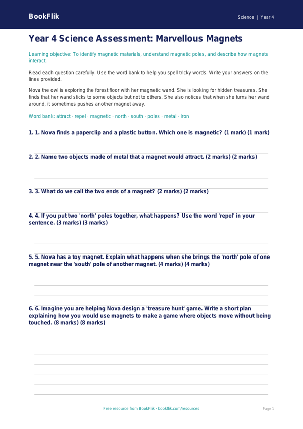 Free Magnets Assessment | Year 4 Supported | BookFlik worksheet preview — Science Magnets