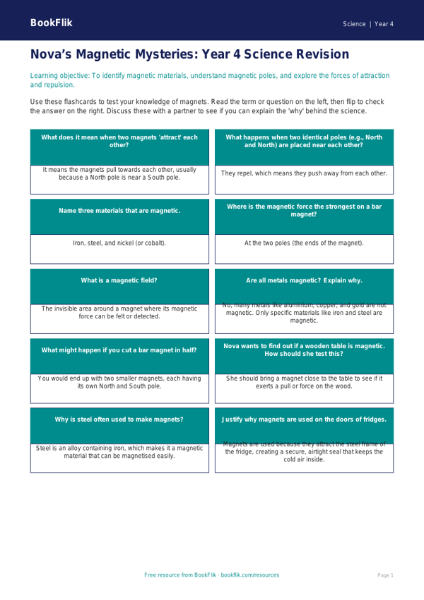 Free Magnets Flashcards | Year 4 Greater Depth | BookFlik worksheet preview — Science Magnets