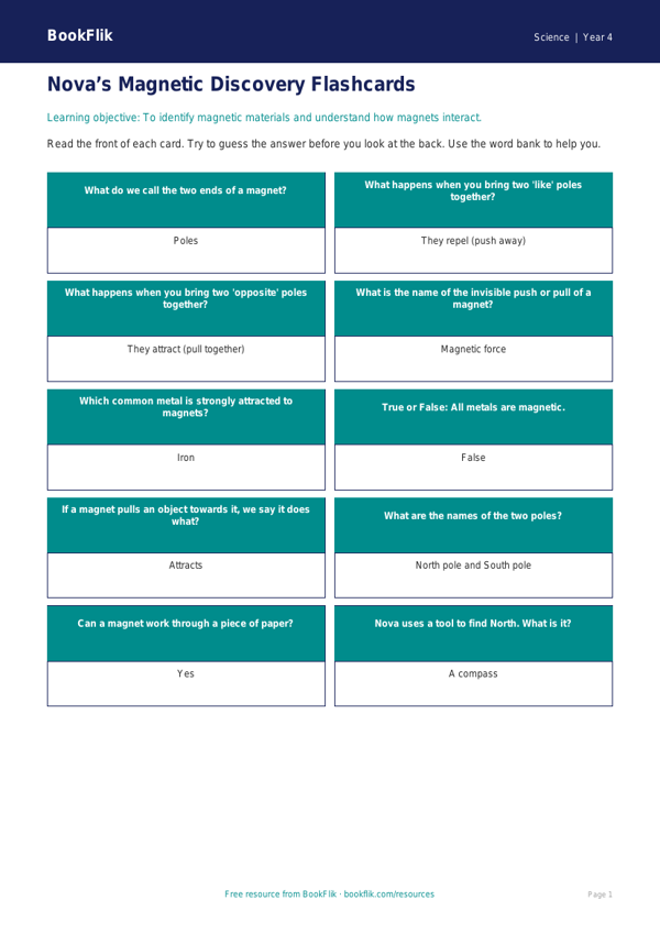 Free Magnets Flashcards | Year 4 Science Resources | BookFlik worksheet preview — Science Magnets