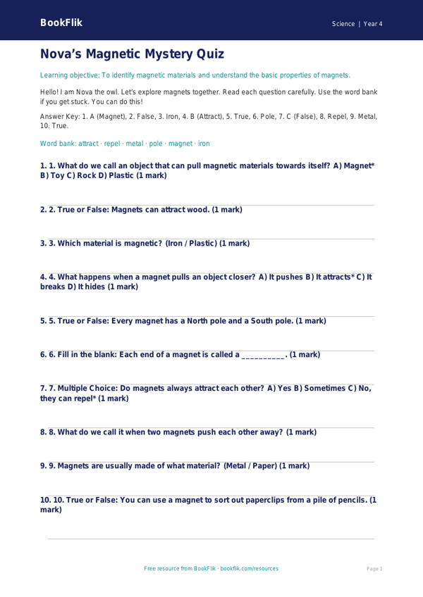 Free Magnets Quiz | Year 4 Science Worksheet | BookFlik worksheet preview — Science Magnets