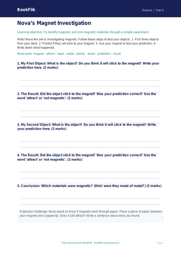 Free Magnets Worksheet | Year 4 Science Resources | BookFlik worksheet preview — Science Magnets