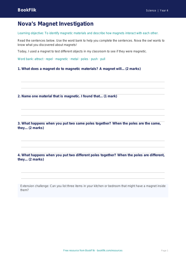 Free Magnets Writing Frame | Year 4 Supported | BookFlik worksheet preview — Science Magnets