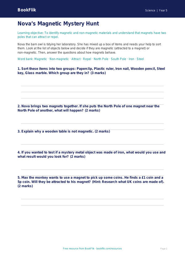 Free Magnets Activity Sheet | Year 5 Core | BookFlik worksheet preview — Science Magnets