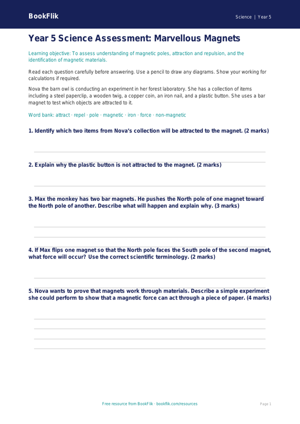 Free Magnets Assessment | Year 5 Core | BookFlik worksheet preview — Science Magnets