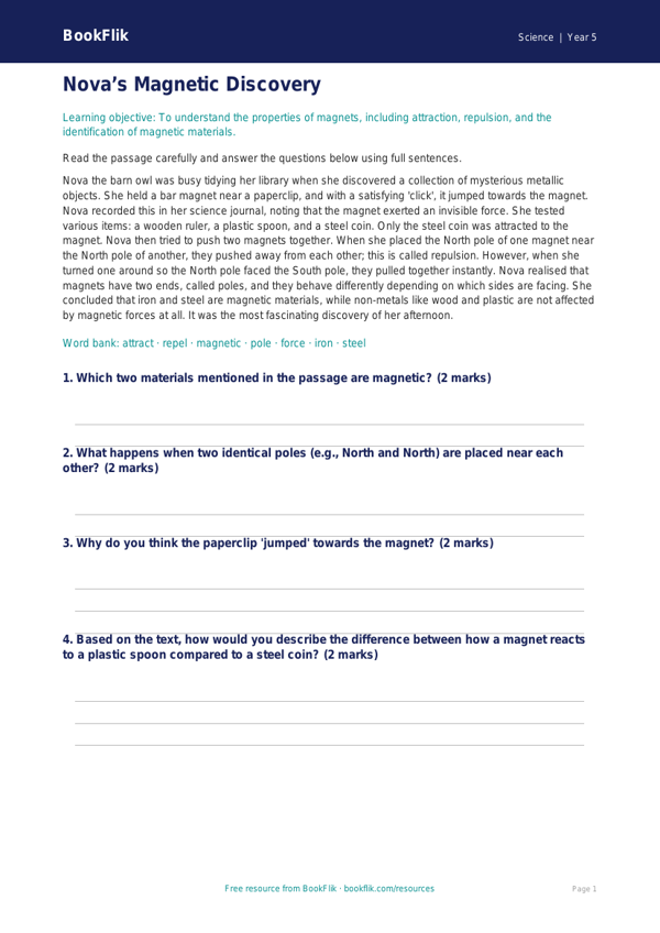 Free Magnets Comprehension | Year 5 Core | BookFlik worksheet preview — Science Magnets