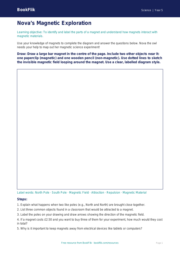 Free Magnets Drawing Sheet | Year 5 Core | BookFlik worksheet preview — Science Magnets
