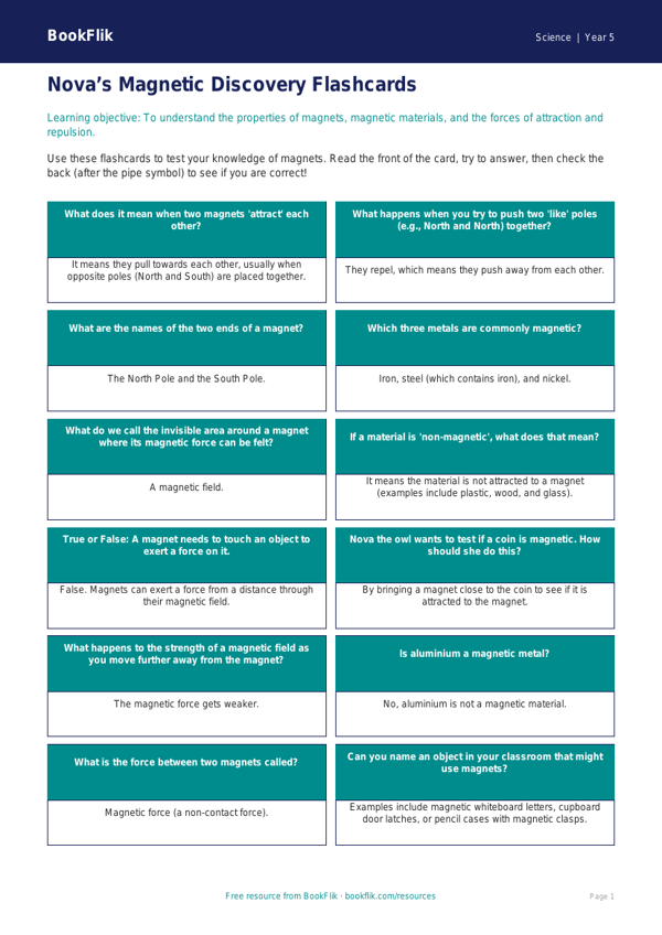 Free Magnets Flashcards | Year 5 Core | BookFlik worksheet preview — Science Magnets