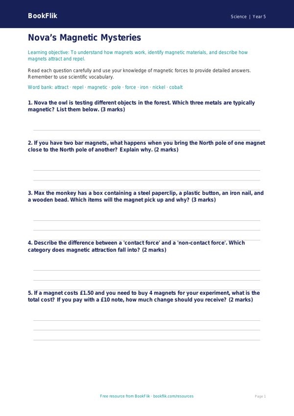 Free Magnets Worksheet | Year 5 Science | BookFlik worksheet preview — Science Magnets