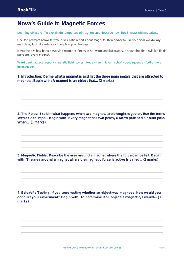 Free Magnets Writing Frame | Year 5 Core | BookFlik worksheet preview — Science Magnets