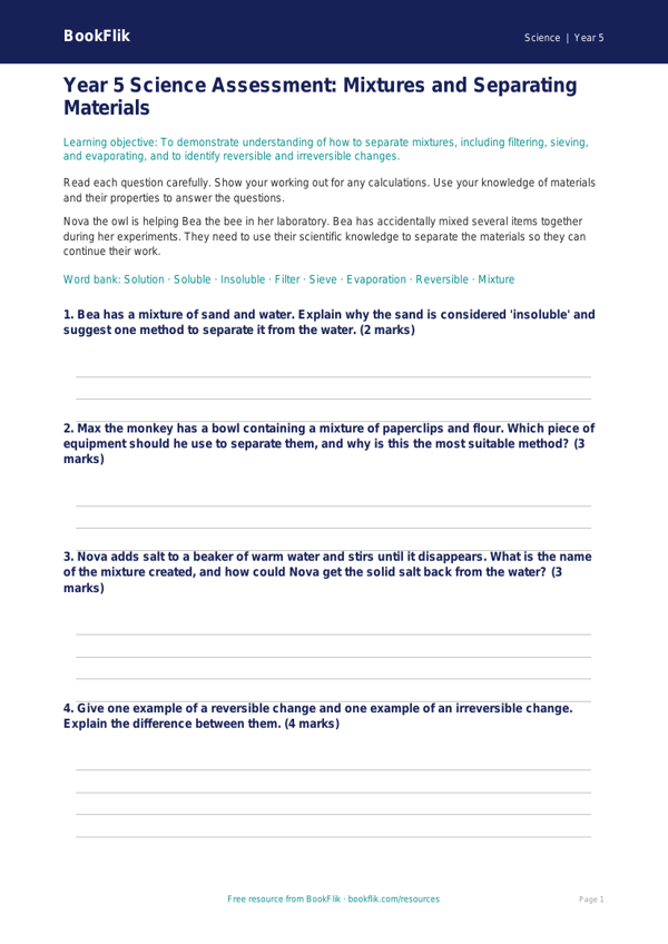 Free Mixtures Assessment | Year 5 Core | BookFlik worksheet preview — Science Mixtures