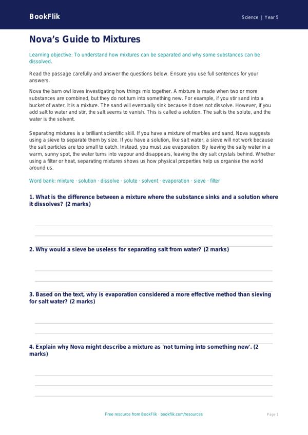 Free Mixtures Comprehension | Year 5 Core | BookFlik worksheet preview — Science Mixtures