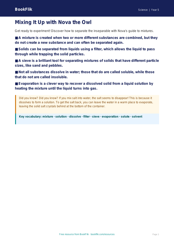 Free Mixtures Poster | Year 5 Science Worksheet | BookFlik worksheet preview — Science Mixtures