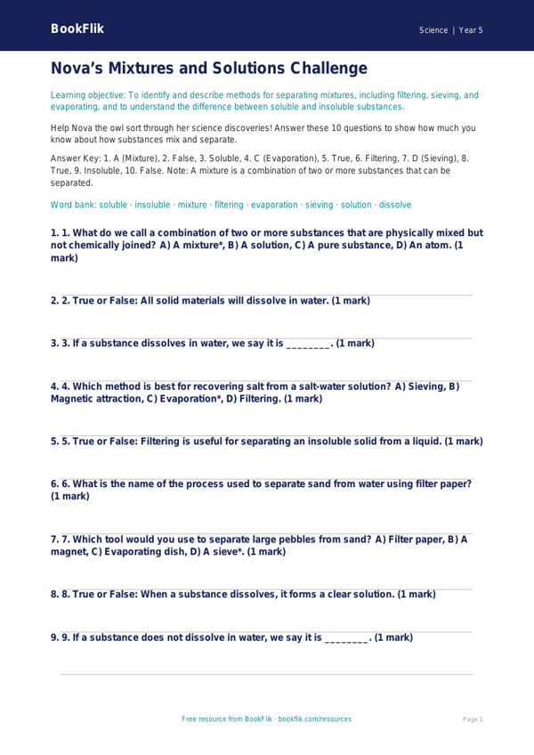 Free Mixtures Quiz | Year 5 Science Worksheet | BookFlik worksheet preview — Science Mixtures