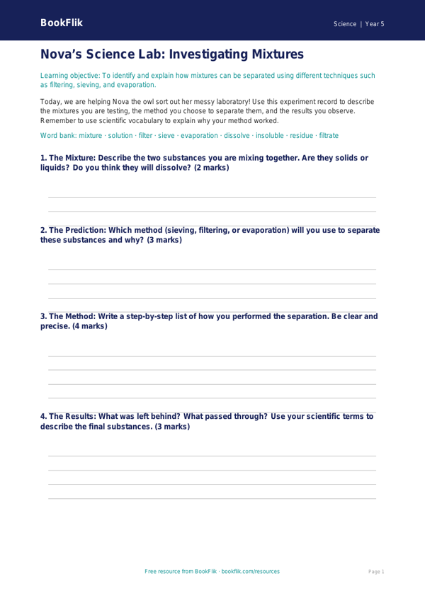 Free Mixtures Worksheet | Year 5 Science | BookFlik worksheet preview — Science Mixtures