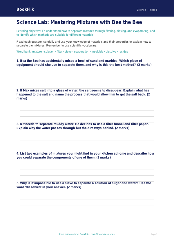 Free Mixtures Worksheet | Year 5 Science | BookFlik worksheet preview — Science Mixtures