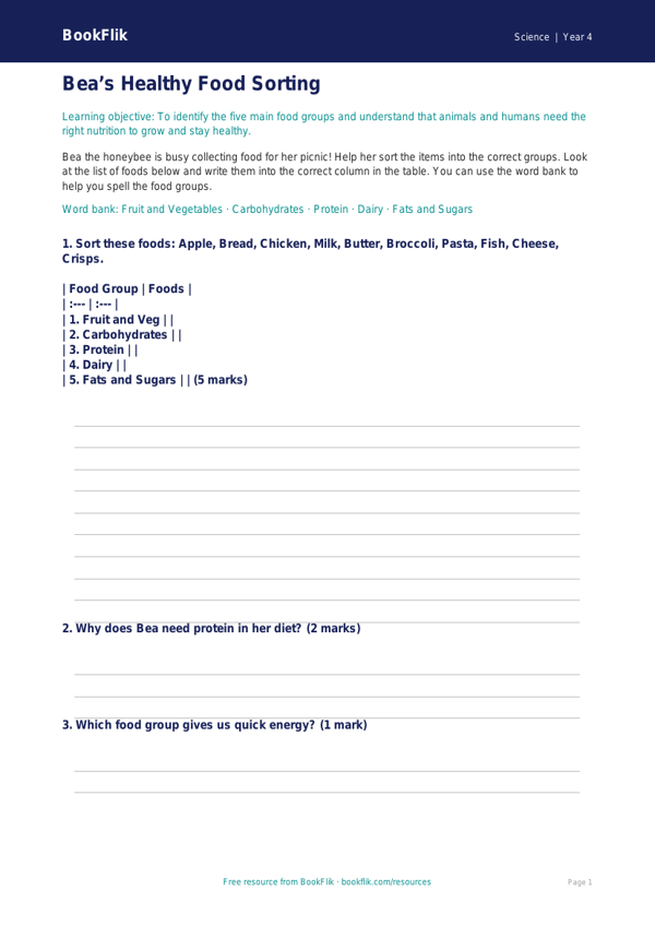 Free Nutrition Activity Sheet | Year 4 Supported | BookFlik worksheet preview — Science Nutrition