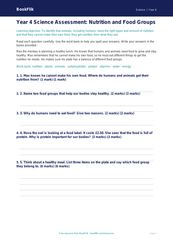 Free Nutrition Assessment | Year 4 Supported | BookFlik worksheet preview — Science Nutrition