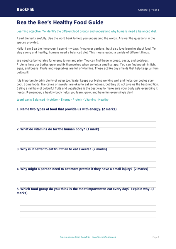 Free Nutrition Comprehension | Year 4 Supported | BookFlik worksheet preview — Science Nutrition
