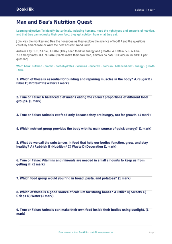 Free Nutrition Quiz | Year 4 Greater Depth | BookFlik worksheet preview — Science Nutrition