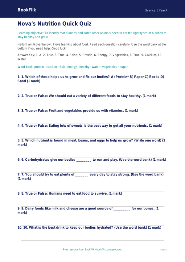 Free Nutrition Quiz | Year 4 Supported | BookFlik worksheet preview — Science Nutrition